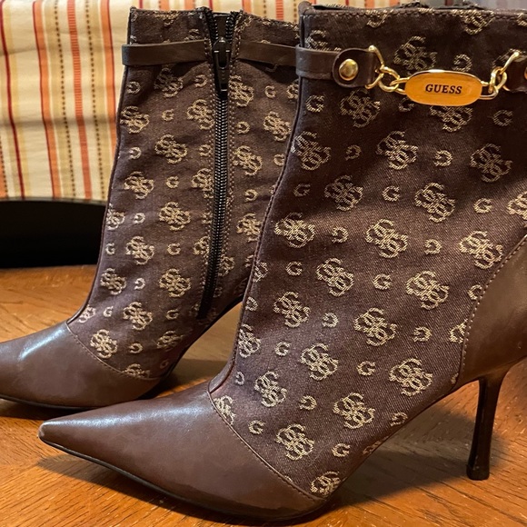 Y2K Guess Logo Brown Pointed Toe Stiletto Heel Ankle Boots | Size: 7.5M - Picture 2 of 12
